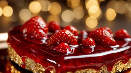 Delicious Heart-Shaped Strawberry Dessert with Glossy Jelly Topping and Shimmering Bokeh Background for Romantic Occasions