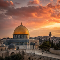 Fototapeta premium Golden Dome of the Rock at Sunset: Stunning Jerusalem Landmark with Dramatic Sky & Historic Islamic Architecture