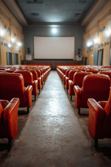 Empty theater with rows of seats facing the screen, spotlight shining down. Vintage, nostalgic, classic.