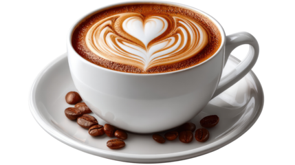 Latte Art Delight: An artfully designed latte featuring a delicate heart pattern graces a pristine white ceramic cup, adorned with coffee beans on a matching saucer.