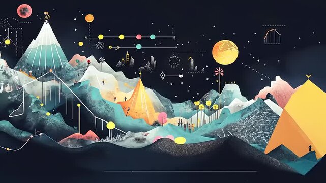 Conceptual illustration of growth analysis with celestial mountains and data points