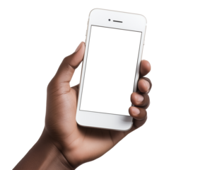 hand holding a white cell phone with white screen, cut out white background