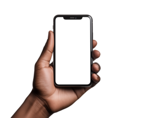 Left hand of a young left-handed man using a cell phone with white screen, cut out white background