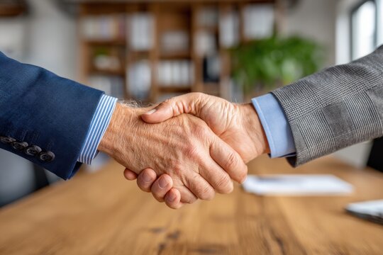 A close-up of a business handshake representing a successful partnership deal, collaboration, and trust, symbolizing teamwork and professional agreement in the office.