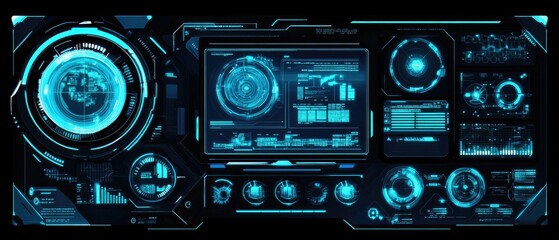 Futuristic digital interface with glowing blue HUD elements, displaying various data readouts and charts on a dark background.