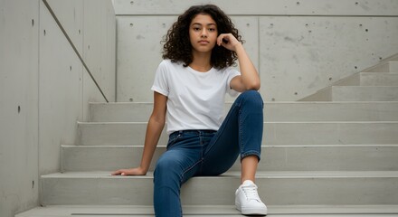 Teenager in blank t-shirt sitting on stairs outdoors