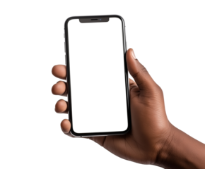 Hand of a young man using a cellular phone with white screen, cut out white background