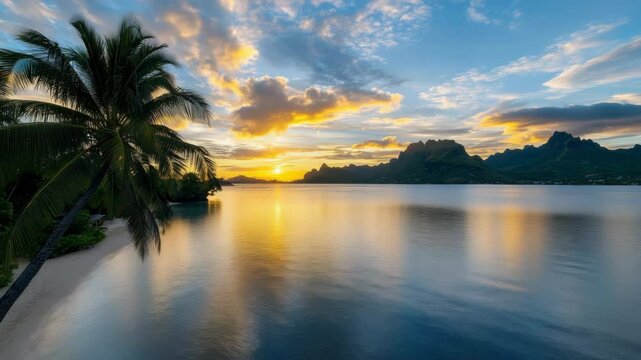 Tropical landscape featuring breathtaking sunset over tranquil water, framed by palm trees
