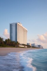 Obraz premium serene beachfront hotel with waves lapping shore sun highlighting architecture emphasizing tranquility