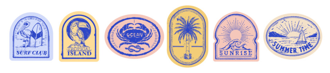 Summer beach postage sticker set, vector exotic ocean doodle print, hand drawn vintage tropical logo. Coastal vacation postal stamps, Hawaii marine emblem, surfboard sign, crab, palm. Summer sticker