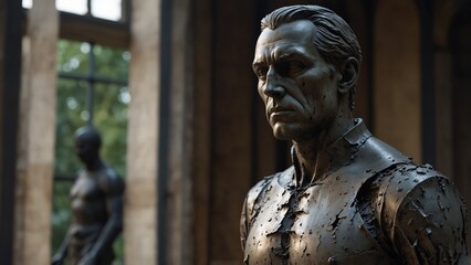 A statue of Viktor, a mirror at his chest reflecting a crumbling phantom city