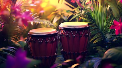 Lush tropical setting showcasing a pair of vibrant drums.