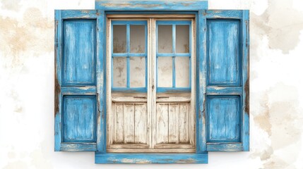 Obraz premium Rustic Charm: A Weathered Blue Window on a Whitewashed Wall