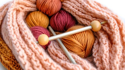 Cozy Knitted Scarf with Yarn Balls and Knitting Needles