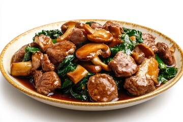 Beef with mushrooms and greens on plate isolated on white background