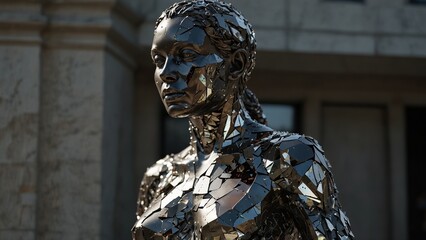A statue of Poveris, her form partially crystallized, refracting shattered futures