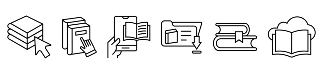 e-learning book download icon set online education digital library read journal literature signs vector illustration
