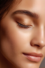 Naklejka premium Close-up of a woman's face with closed eye, showcasing makeup, flawless skin, and elegant features.