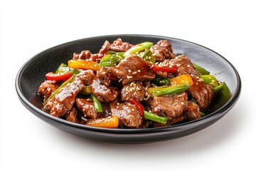 Fototapeta premium Beef and pepper stir-fry in bowl isolated on white background