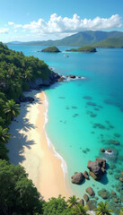 Obraz premium Tropical beach with turquoise waters, framed by lush green cliffs and distant islands, serene paradise. Travel promotions, vacation advertisements, and nature-inspired designs.