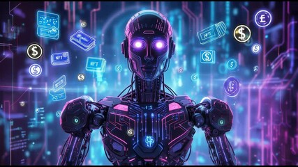 Cyber robot surrounded by digital finance icons. AI robot glowing eyes. Futuristic financial symbols float near robot. NFT, cryptocurrency and digital wallets in cyber scene of intelligent data flow. - Powered by Adobe