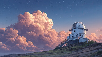 Obraz premium A scenic observatory stands on a hill at dusk, with dramatic clouds and a starry sky in the background.