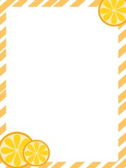 Diagonal striped border or frame design with orange and white colors, with lemon slices decoration. For summer greeting card