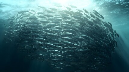 Naklejka premium Underwater school of fish forming a circular pattern.