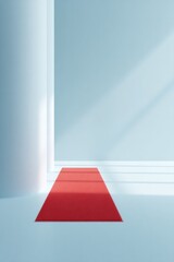 Obraz premium single red carpet laid on expansive white floor surrounded by open space