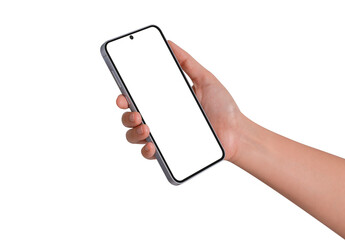 Hand holding smartphone with blank screen isolated. Premium high quality studio shot. Concept for technology, business, finance and advertising.	
