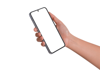 Hand holding smartphone with blank screen isolated. Premium high quality studio shot. Concept for technology, business, finance and advertising.	

