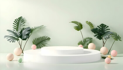 Obraz premium Pastel Easter Eggs and Tropical Green Leaves Surrounding a White Tiered Display on Soft Green Background for Product Presentation Showcase or Holiday Spring Decor