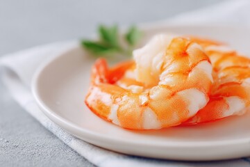single shrimp elegantly placed on white plate with ample copy space capturing essence of minimalistic seafood presentation