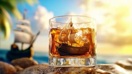 Miniature Ship in Amber Liquid Sunset Beach Scene