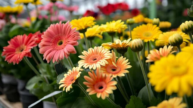 Bright colorful gerberas blooming in pots in a greenhouse.