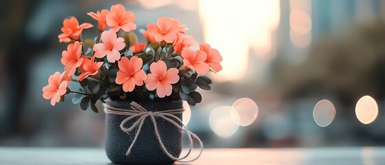 Coral flowers in a rustic pot