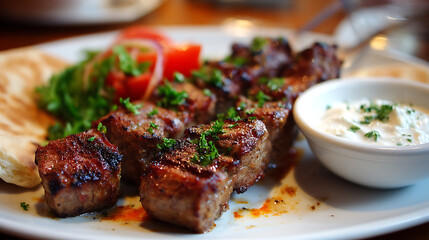 Grilled Meat Feast: An artful close-up captures the essence of a flavorful meat skewer dish, with grilled chunks alongside vibrant vegetables and an accompanying creamy sauce.