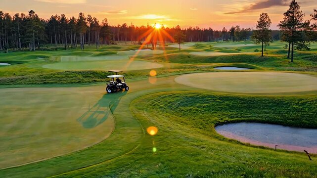 Drone Flying Over Golf Course At Sunset With Golf Cart Parked On Green Field