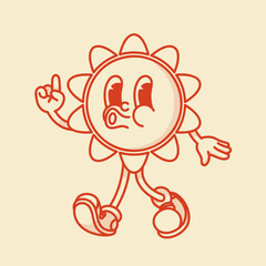 Cheerful sun character retro mascot with smiling face, shoes, hand pointing up. Cute summer symbol