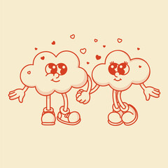 Cheerful cloud couple in love character retro mascot in cute shoes.