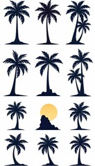 Fototapeta premium Silhouette icons of various coconut trees, isolated on white , palm silhouettes, palm tree, white background