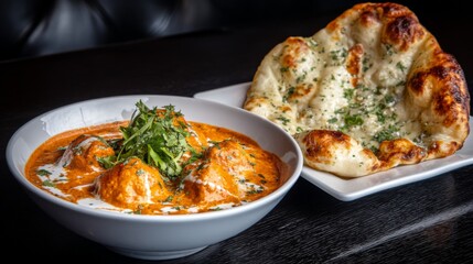 Delicious curry dish with saffron-colored sauce, meatballs, fresh herbs, and fluffy naan bread on a dark wooden table