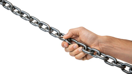 A strong, silver chain of the man, a metallic bracelet of steel links, isolated for security