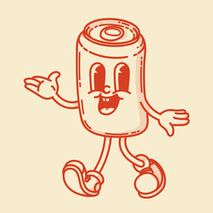 A cheerful cartoon tin can of drink mascot in shoes smiling. Bar menu symbol. Stands with hand up