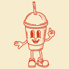 Smiling friendly coffe to go with straw character mascot in shoes. Coffee shop mascot symbol. Finger up