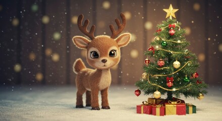 Cute deer and Christmas tree