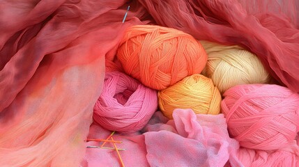 Colorful Yarn Balls and Fabric Texture Background