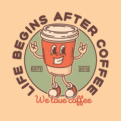 Coffee to go shop promo banner flyer signboard logo template. Retro coffe to go mascot