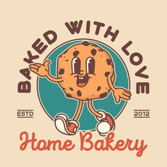 Bakery shop signboard logo template. Retro cookie biscuit mascot for promo banner flyer