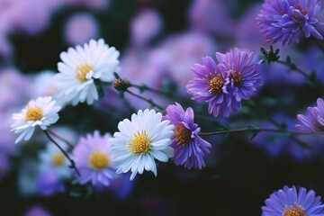 white and purple asters, with an aesthetic, pastel color palette, close-up composition 